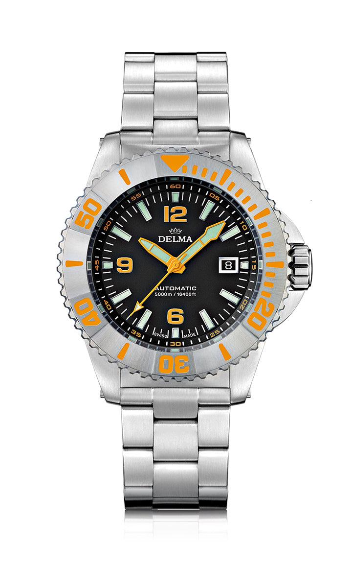 Blue Shark IV in stainless steel with black dial. Water resistant to 5000 meters.