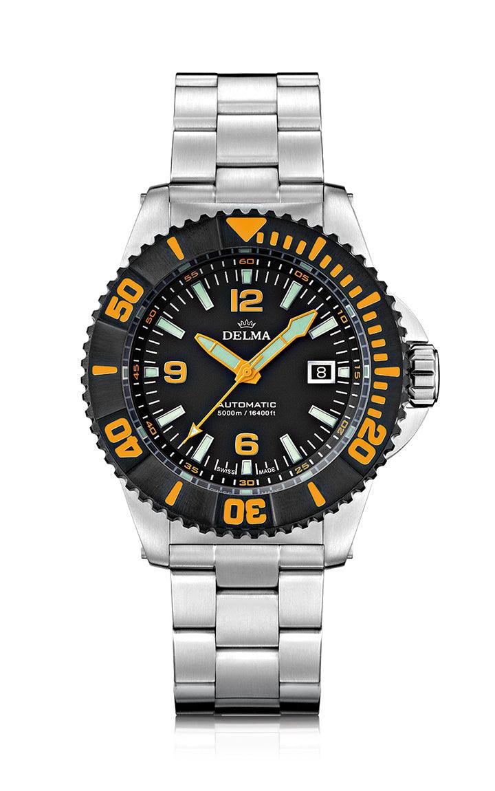 DELMA Blue Shark IV with black DLC bezel and black dial. Water resistant to 5000 meters.