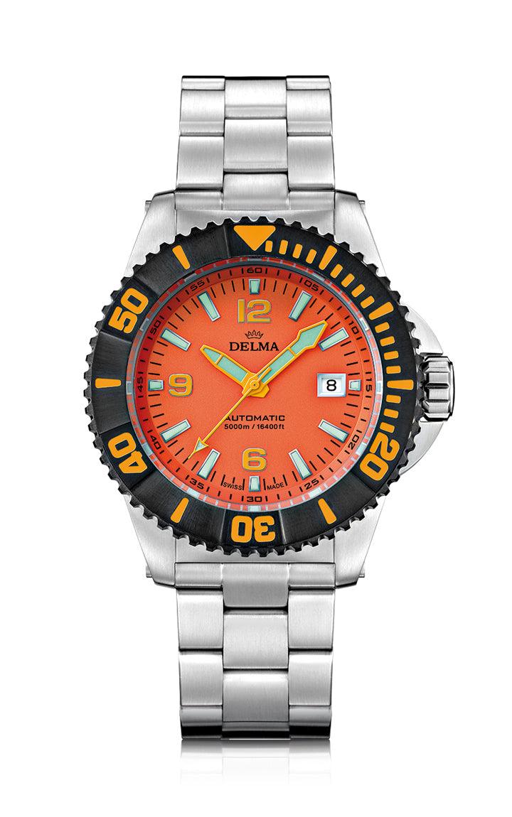 DELMA Blue Shark IV with black DLC bezel and orange dial. Water resistant to 5000 meters.